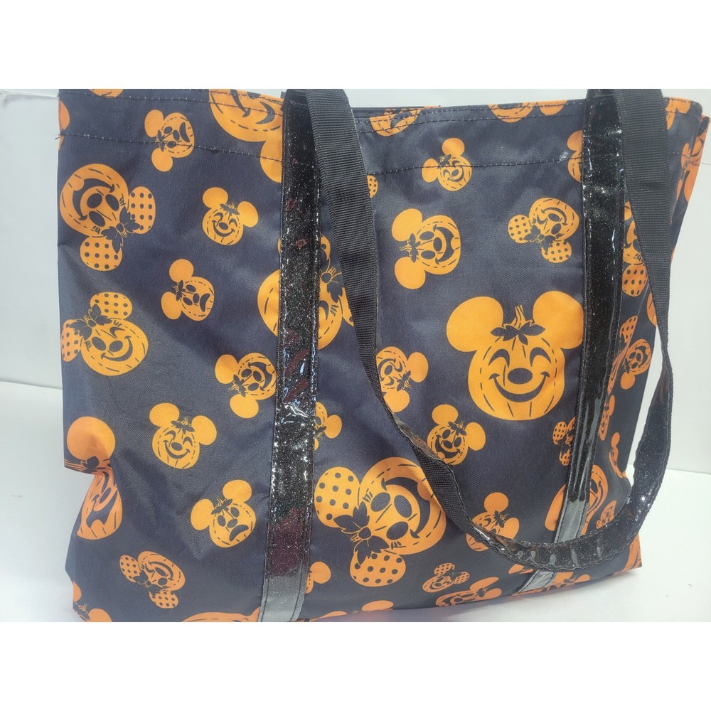 Disney Parks Mickey Minnie Mouse Halloween Pumpkin Black Glitter Tote Bag 19x14